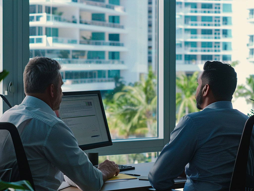 Two professionals sit at a desk, facing a window that overlooks palm trees and modern buildings, deep in discussion.