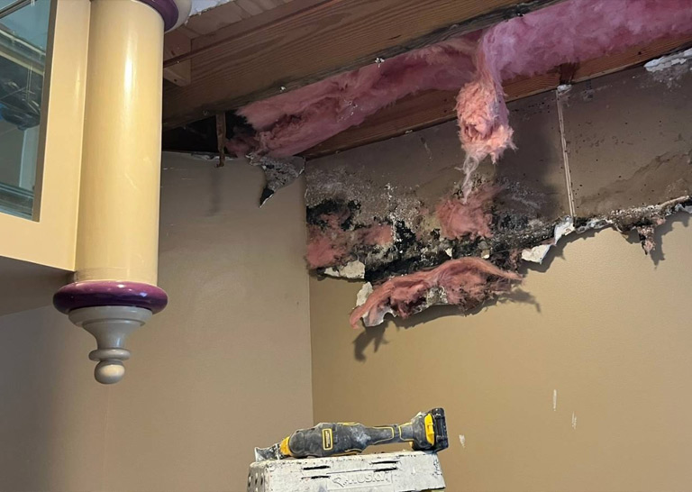 wall-exposed-mold Water damage visible on the wall with exposed pink insulation and black mold; an electric tool rests on a step stool below.