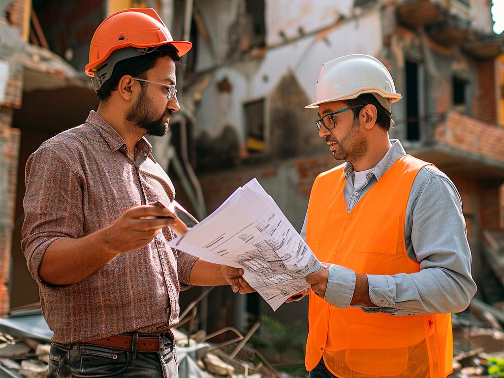 Two construction workers discuss building plans on a site with damaged structures in the background, wearing safety helmets and vests.