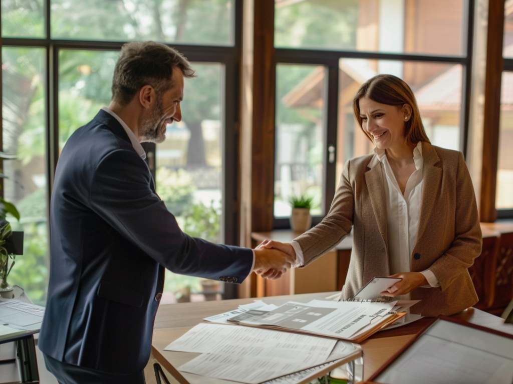 A man and woman shake hands in a modern office space, surrounded by documents and natural light from large windows.