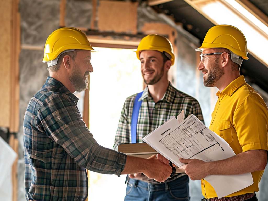 Three construction workers in hard hats discuss project plans and shake hands inside a partially finished building.