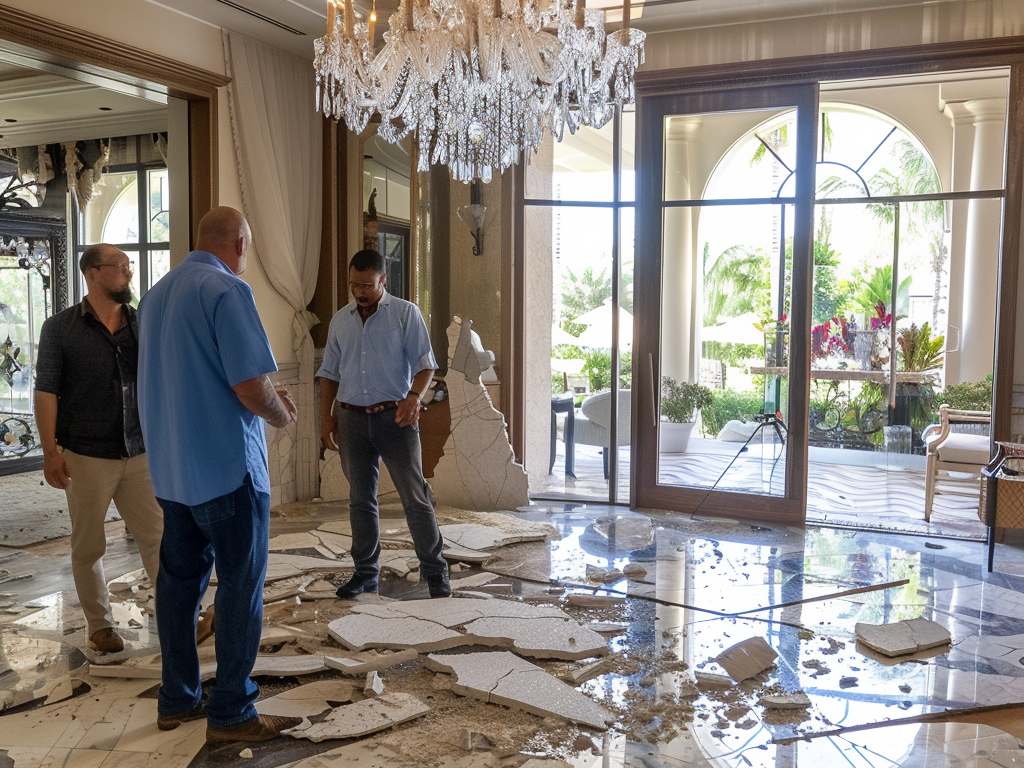 Three men stand on a shattered marble floor in a luxury interior, with large windows showcasing lush greenery and furniture outside.