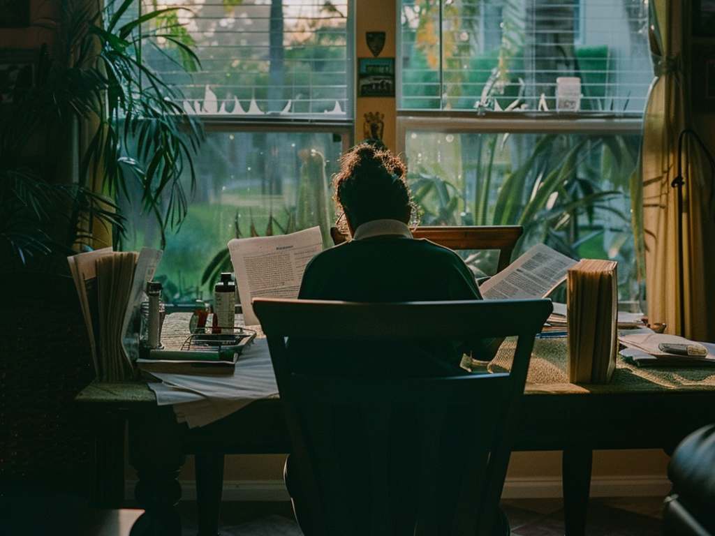 A person sits at a cluttered desk, reading papers in a sunlit room with plants and a window view of greenery outside.