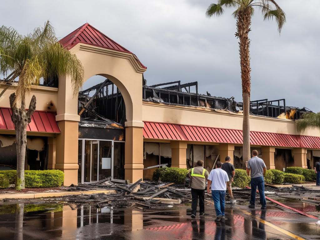 Three people survey damage from a fire at a commercial building, with charred remains and blackened walls under a cloudy sky.